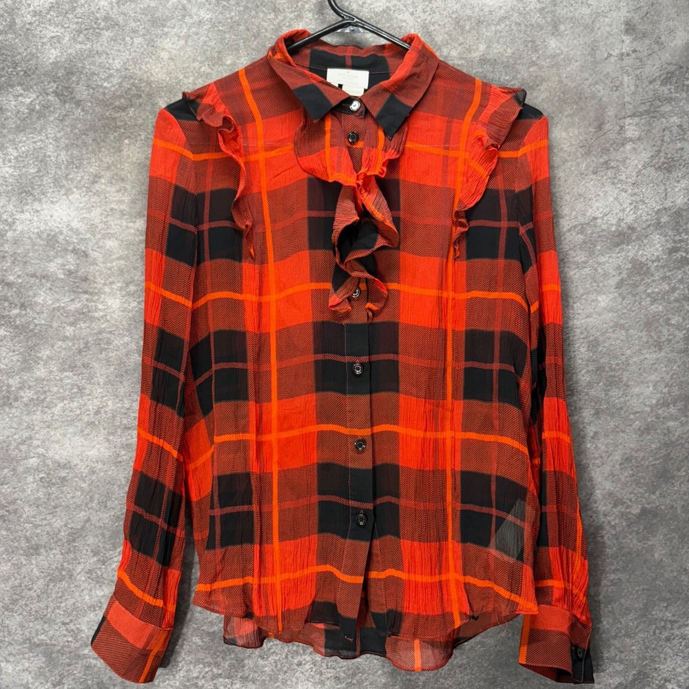 Kate Spade Woodland Plaid Silk Chiffon Ruffle Neck Top Blouse Size 8 Red Black